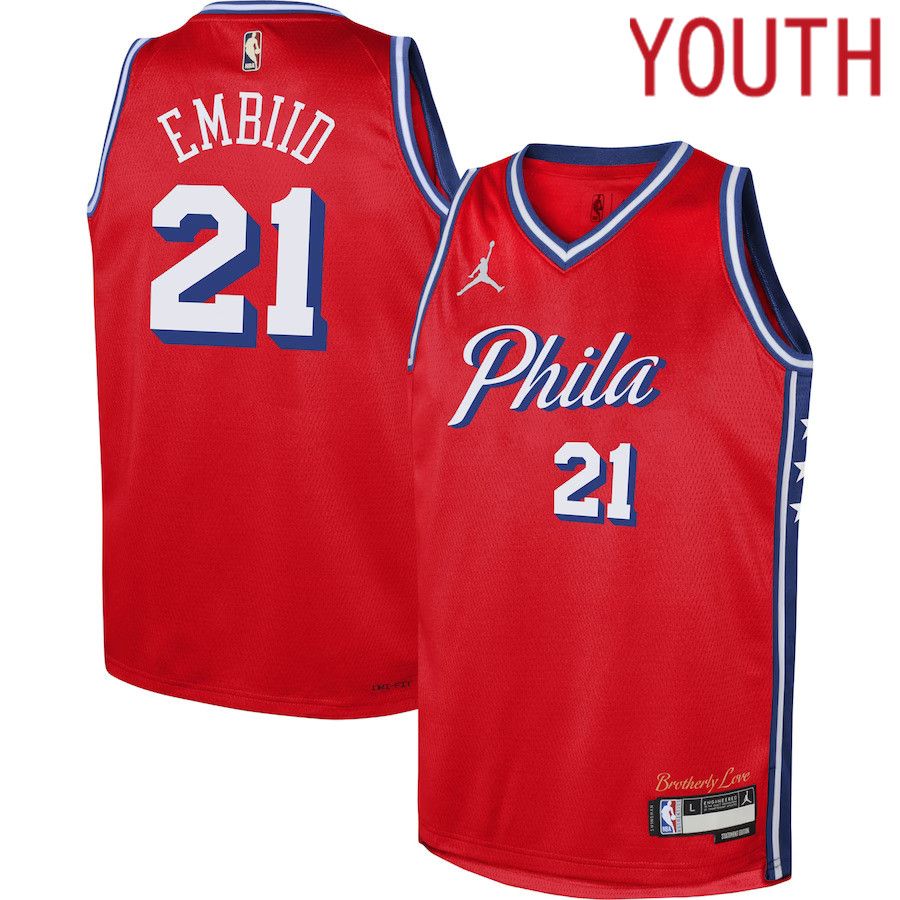 Youth Philadelphia 76ers 21 Joel Embiid Jordan Brand Red 2022-23 Swingman NBA Jersey